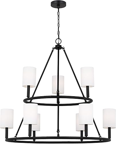 Scott Living Egmont - Candelabro tradicional de 9 luces regulable para interiores en acabado negro medianoche con pantallas de tela de lino blanco