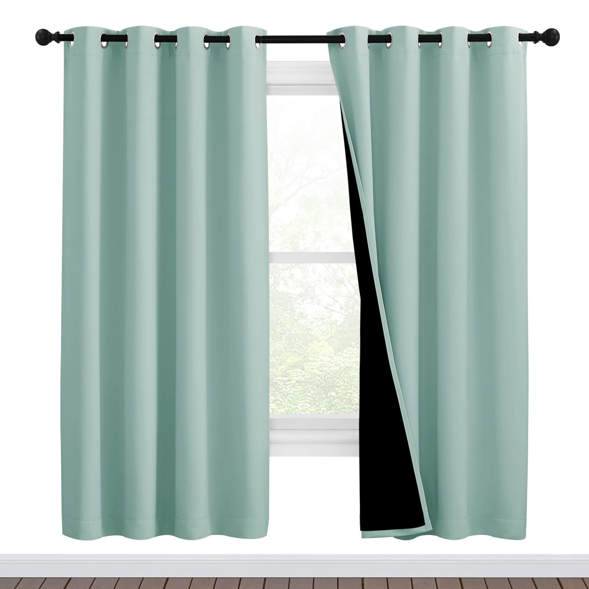 NICETOWN 100% Blackout Window Curtain Panels, Full Light Blocking Drapes with Black Liner for Nursery, 72-inch Drop Thermal Insulated Draperies (Aqua Blue, 2 Pieces, 46-inch Wide Per Panel)