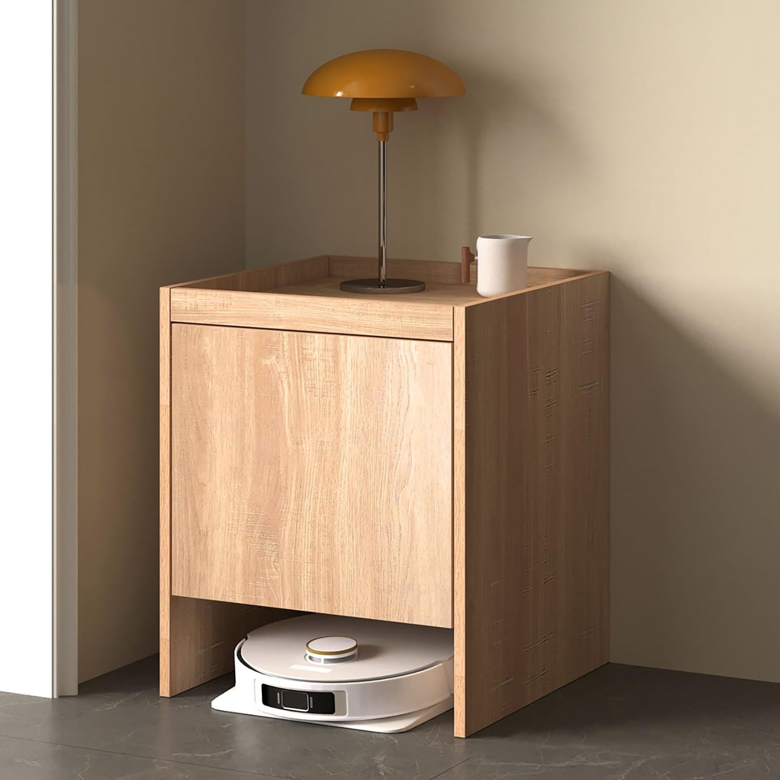 Table d'appoint jaune de 65 cm pour cacher un aspirateur robot au salon