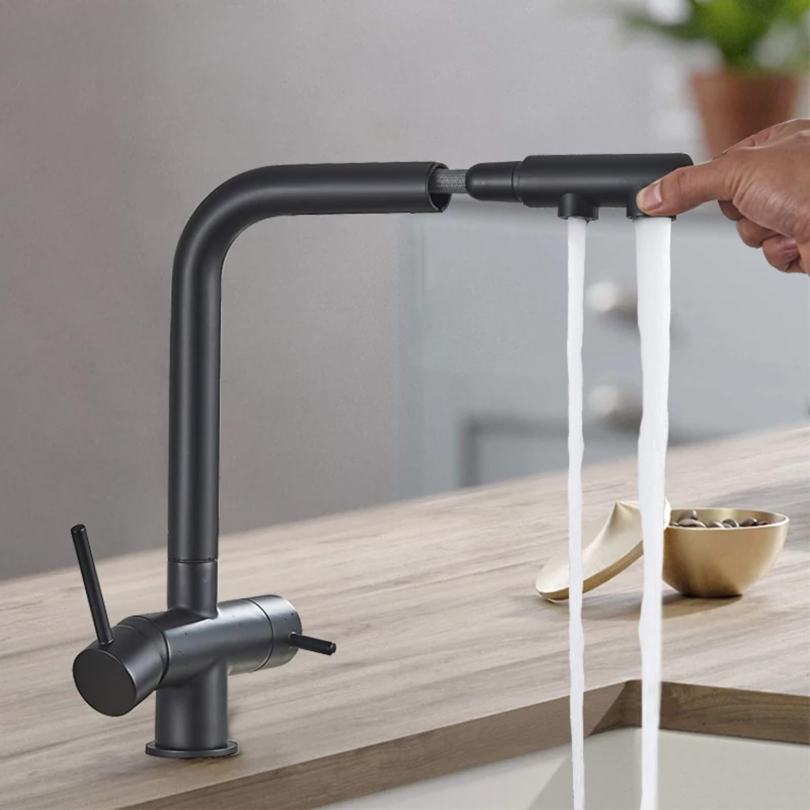 ZQFHSX Black Brass Kitchen Faucet with Purifier and Dual Sprayer 360° Rotation Drinking Water Tap