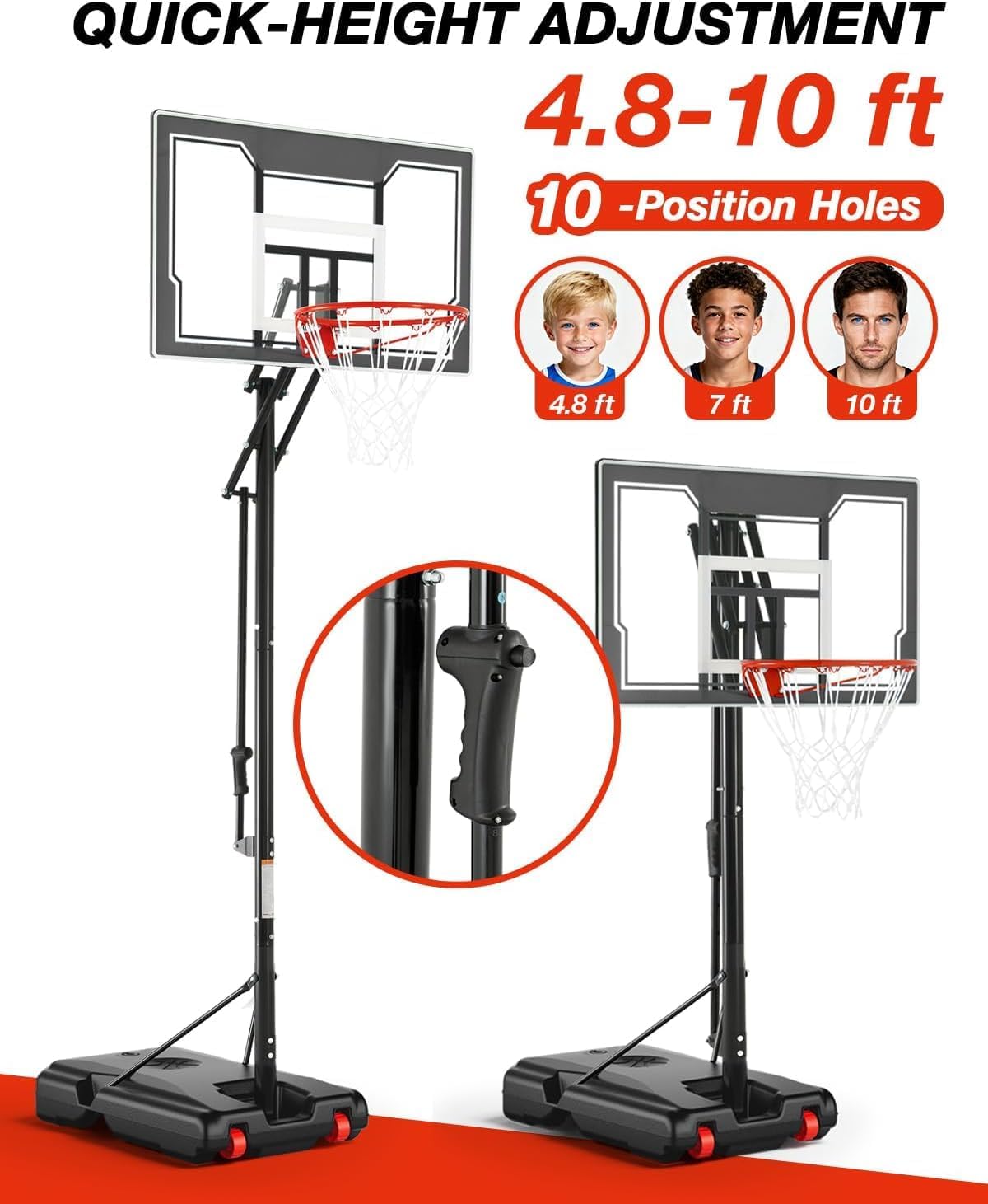 Basketball Hoop Outdoor 4.8-10ft Height Adjustable Portable Basketball Goal System with 44 Inch Shatterproof Backboard for All Ages Backyard/Driveway/Indoor