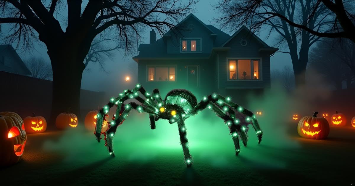 Gigantyczny pająk, dekoracje na Halloween, na zewnątrz, 132 cm, świecący pająk z 90 diodami LED, na podwórko, werandę, do ogrodu, trawnika, na imprezę halloweenową (zielony)