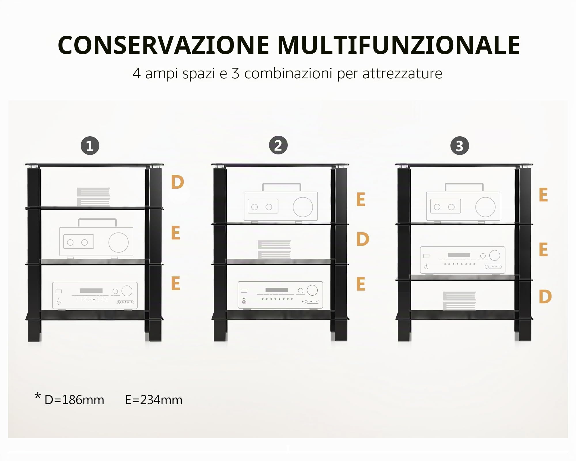 FITUEYES Supporto HIFI con 4 Ripiani in Vetro Nero, Rack HiFi ad Altezza Regolabile, Mobile Giradischi 60 × 46 × 77 cm, Carico 40 kg, per Amplificatore/Giradischi