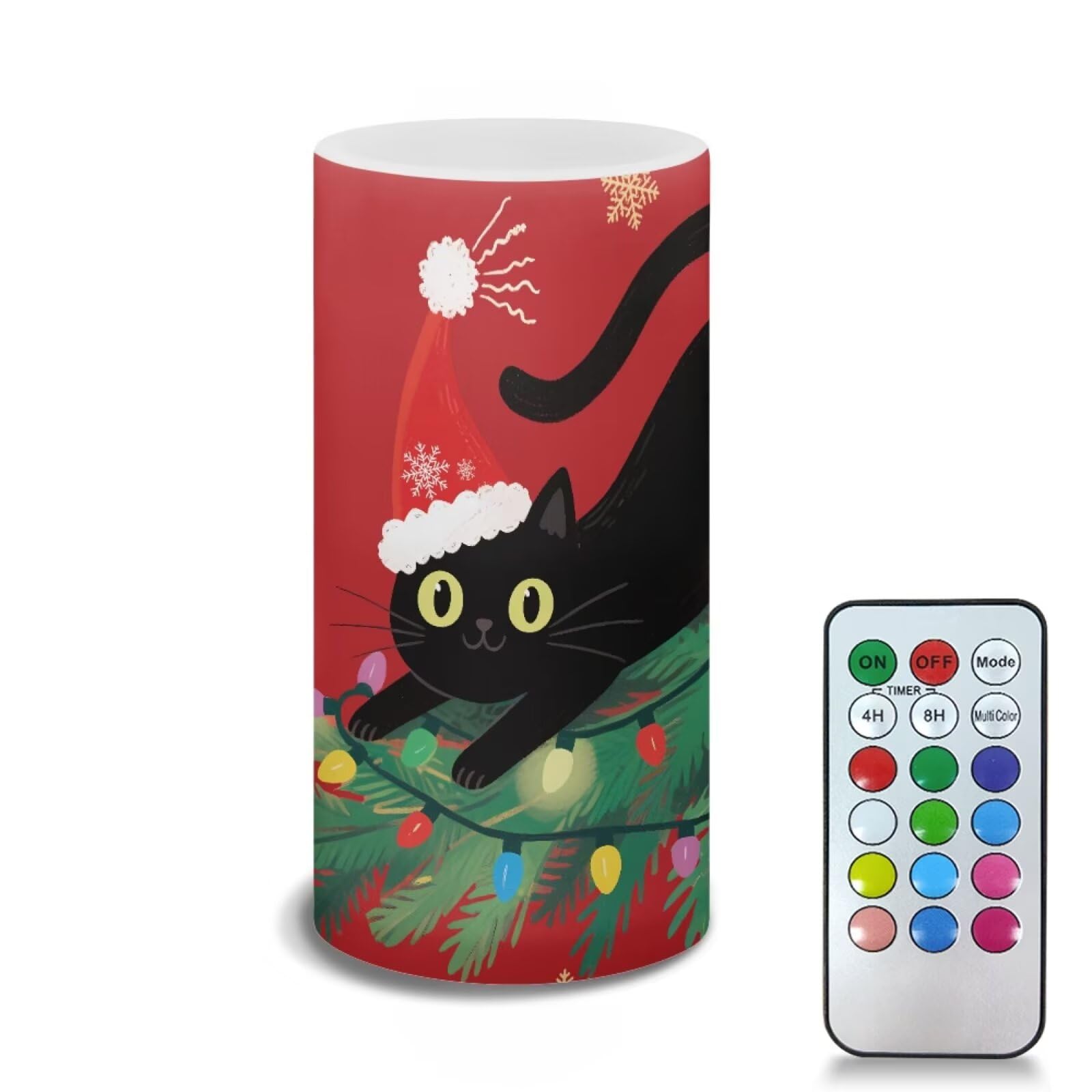 Poceacles Black Cat Christmas Tree Red Flameless Candle Battery Powered with Remote Control 12 Colors 4/8 Hours Timer LED Night Lights Pillar Candle Tealights Christmas Decorations