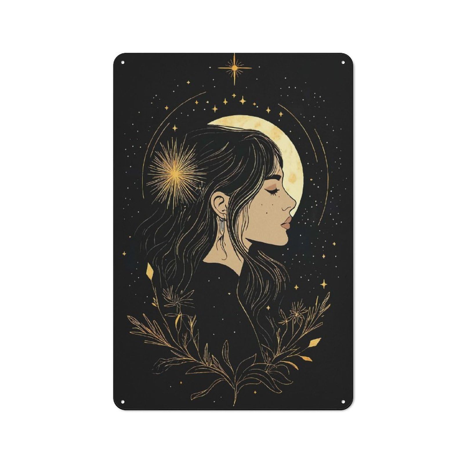 Junmoney Celestial Woman Portrait Moon Stars Urban Decorative Metal Plaque 30X20cm Featuring Loft Wall Plaque For Loft, Studio, Office Or Creative Room