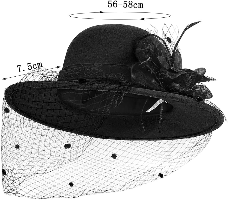 Women Wide Brim Bowler Church Hat 1920s Retro Felt Fedora Cap Wool Blend Floral Fascinator Hat with Veil