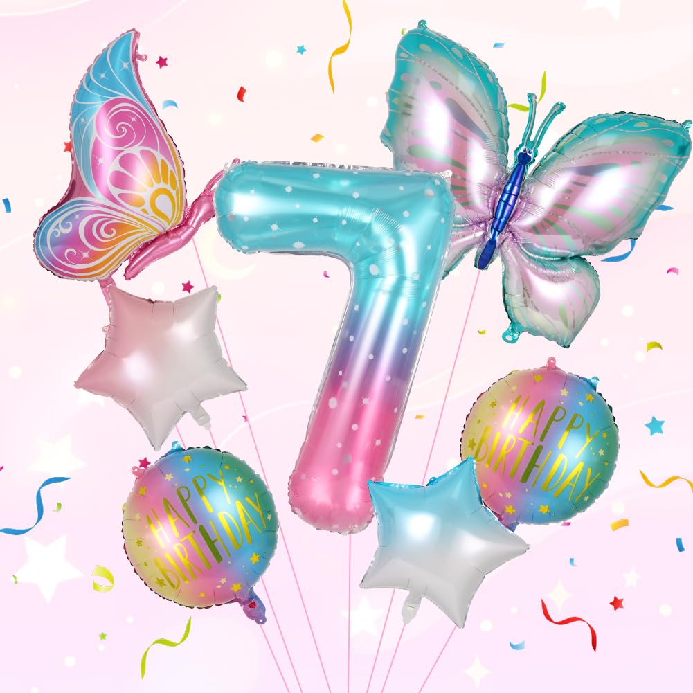 OFFCUP 7pcs Balloons Set, Butterfly Number 7 Balloon for 7th Birthday Party — image 1