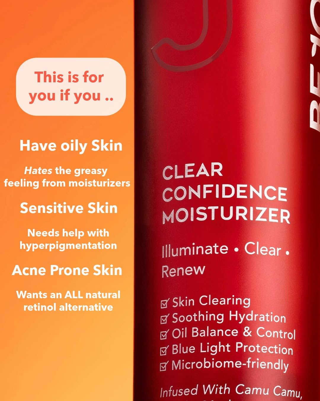 BEJOU Clear Confidence Moisturizer,Daily Oil Control Cream with Chontaduro, Camu Camu, Shiitake Mushroom, For Acne-Prone & Sensitive Skin,Dark Spots,Latin American Natural Retinol Alternative,1.7FL OZ