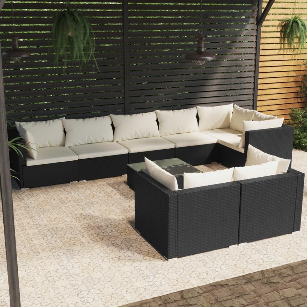 Juego de 9 muebles de jardín de ratán sintético con cojines, modulares para exteriores, muebles de jardín resistentes al agua, con cojines gruesos acolchados extraíbles y con recubrimiento en