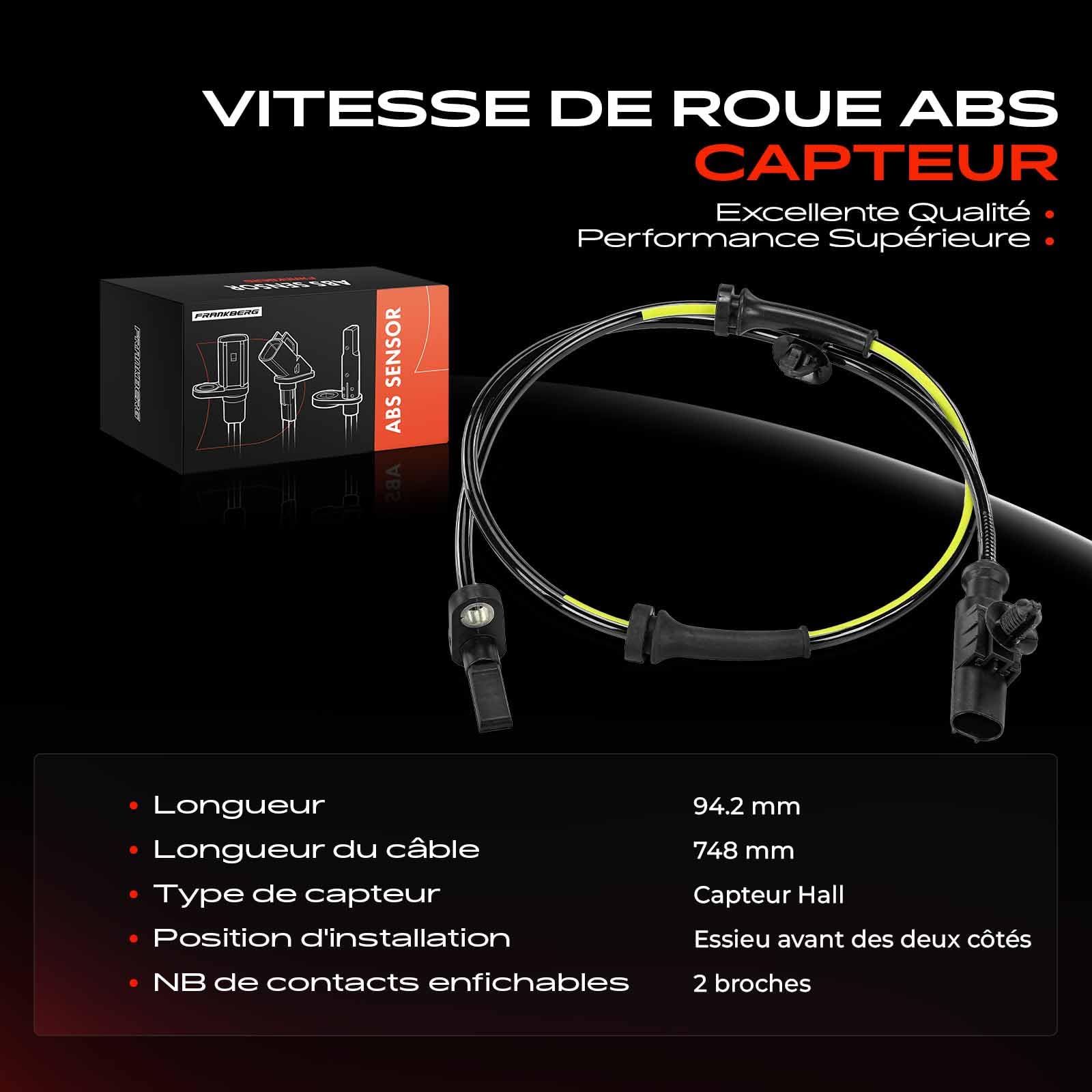 Frankberg 1x Capteur ABS Avant 2-Pôles Compatible avec Aygo B1 Aygo B4 C1 PM PN 107 PM PN Aygo Camionnette/Hayon B1 Remplacer# 895420H030,B001009080