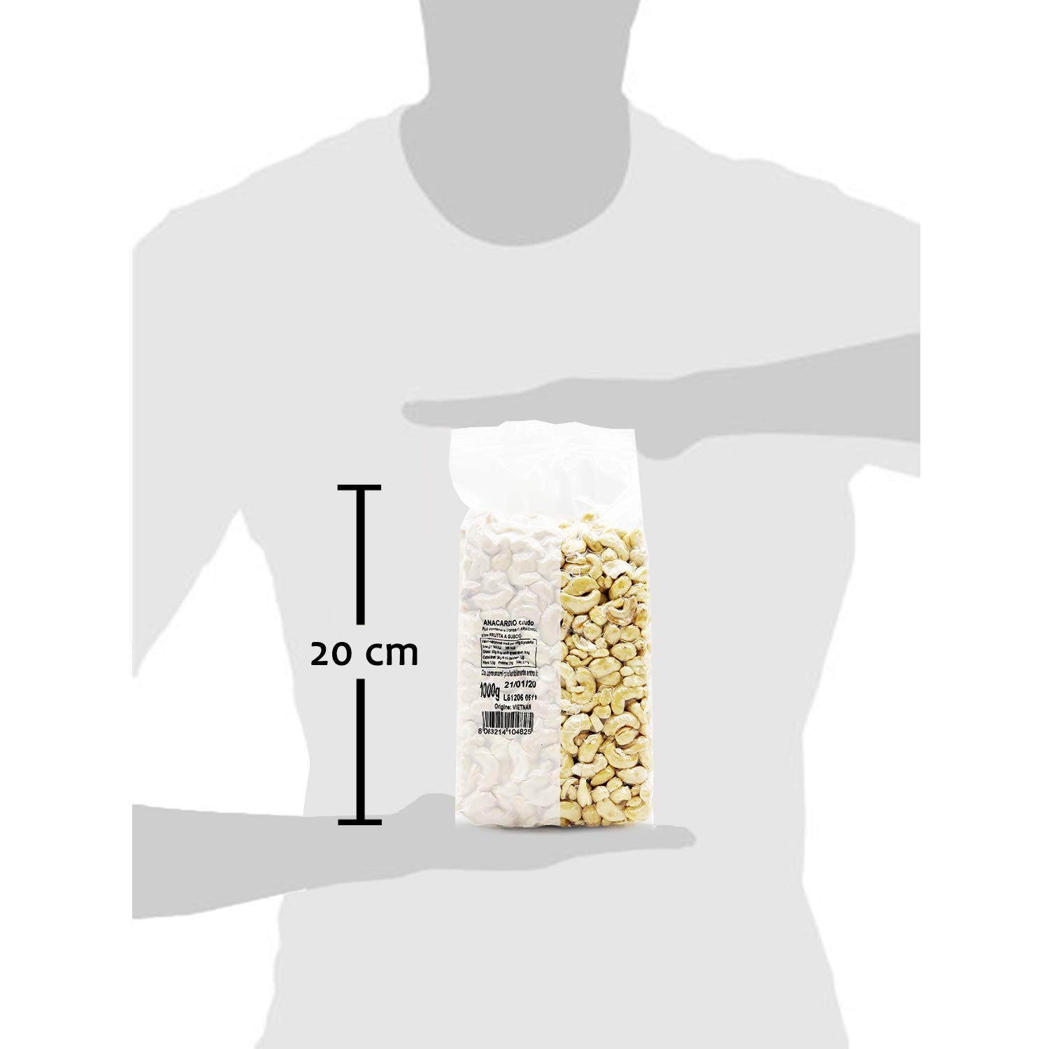 Oltresole, Anacardos Crudos Naturales 1 Kg, Sin Tostar y Sin Sal, Ideales como Snack Saludable, Frutos Secos Seleccionados envasados al vacío, Fuente de Proteínas, Fibra y Grasas Saludables