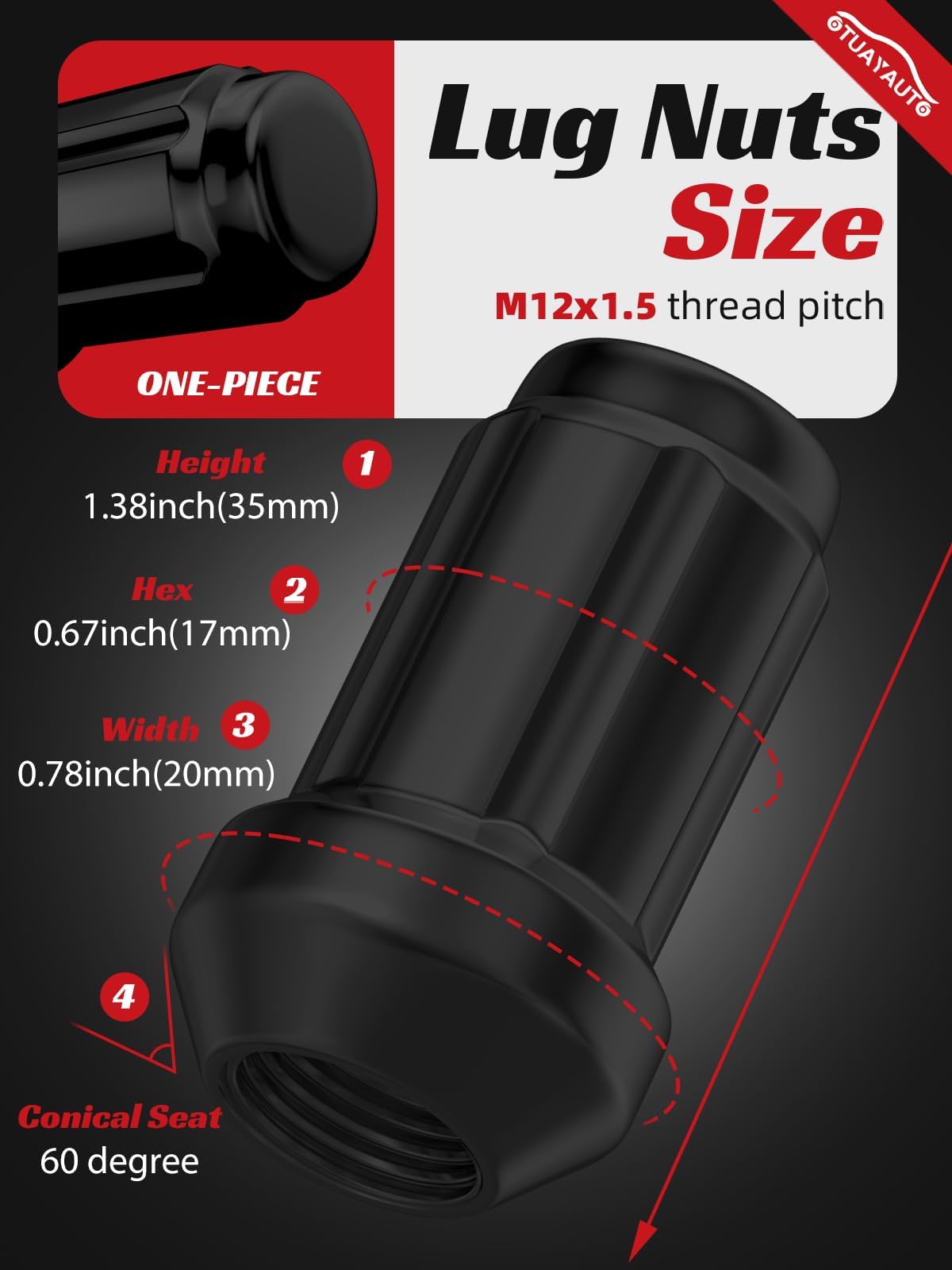 OTUAYAUTO Dadi M12 x 1,5 – 20 dadi scanalati neri 12 mm x 1,5 con chiave a bussola, dadi ruota 12 x 1,5, sede conica, esagonale da 17 mm, ricambio per ruote Chevy Ford Honda Acura Aftermarket