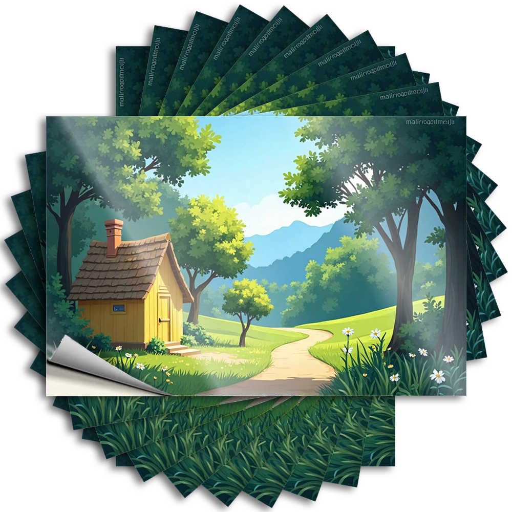Dorm Room Stuff Laptop Tattoos - Peaceful Cabin in The Woods with Lush Greenery and A Serene Path Smiley Face Durable Sticker Easy Apply for Indoor Decor(12X18CM)
