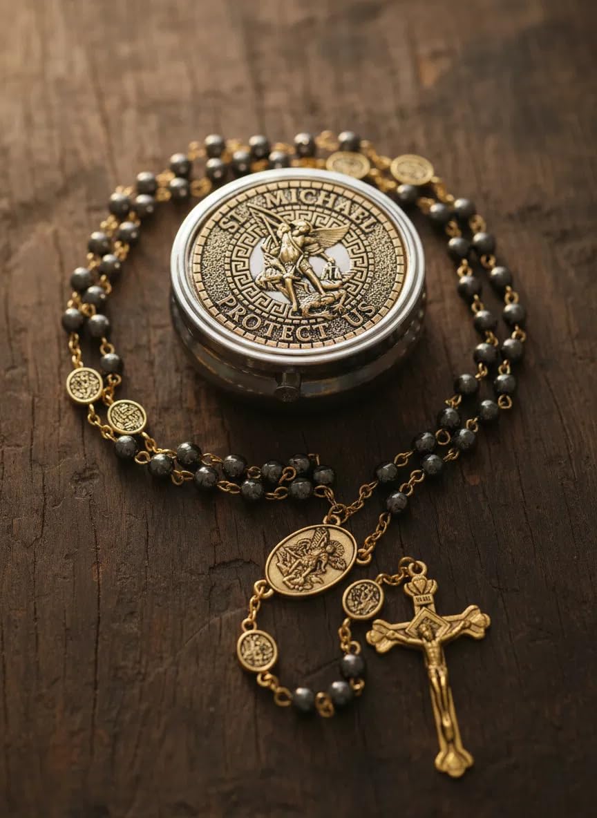 Nazareth Store Rosario de San Miguel, collar de cuentas de piedra de hematita, cuentas de gloria, medalla de arcángel y crucifijo para hombres y mujeres en caja de metal