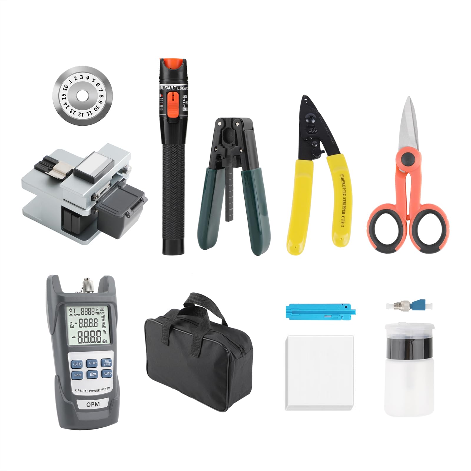 Glasfaser Werkzeug Set mit LWL Cleaver, Optischer Leistungsmesser, 10MW 10KM Glasfaser Tester, 10x SC/UPC SC/APCGlasfaser Adapter, Glasfaser-abisolierzangeund Faser Stripper