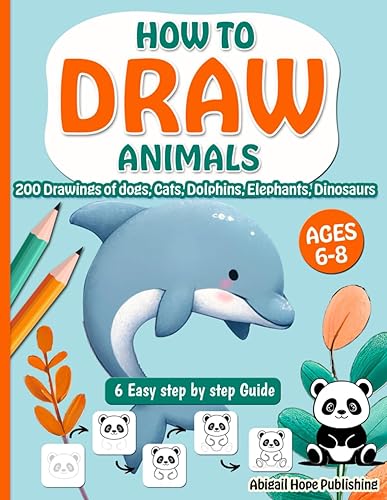How to Draw 200 Animals For Kids Ages 6-8: 6 Easy step by step guide | Simple &amp; Fun Drawings of Dogs, Cats, Dolphins, Elephants, Dinosaurs &amp; More.