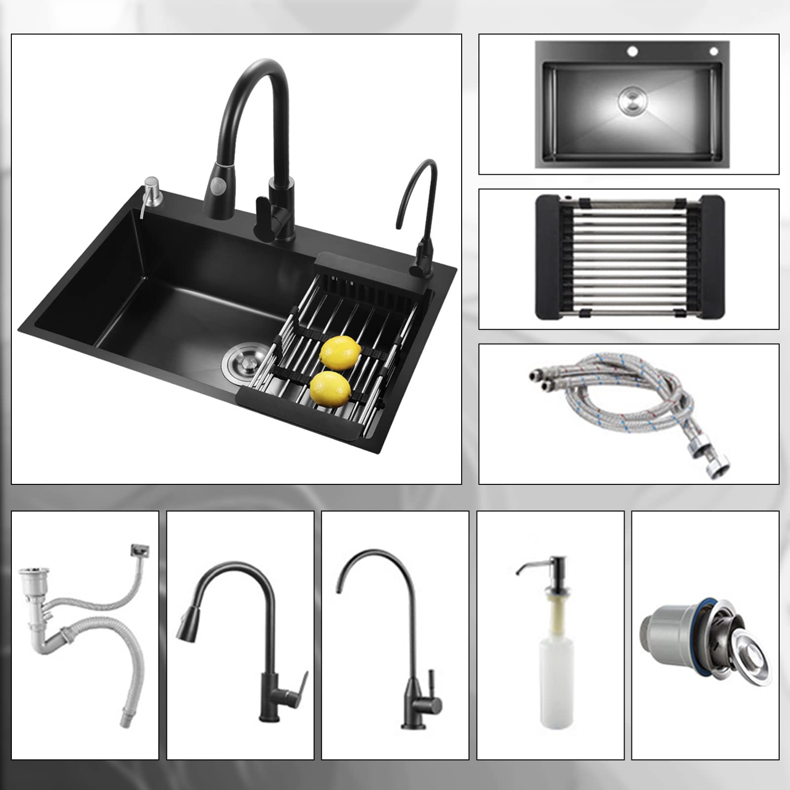 Fregadero de cocina, 304 Acero Inoxidable, Fregadero Cocina un Seno, Fregadero Negro, con grifo extraíble, Purificador de Agua, Dispensador de Jabón (68 * 45cm)