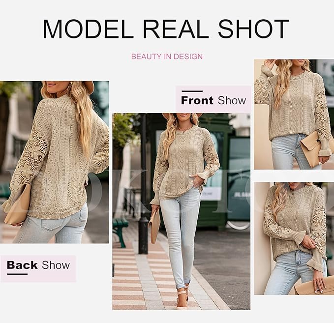 Image of Dokotoo Womens Crewneck Crochet Lace Long Sleeve Hollow Out Cable Knit Sweaters Pullover Tops
