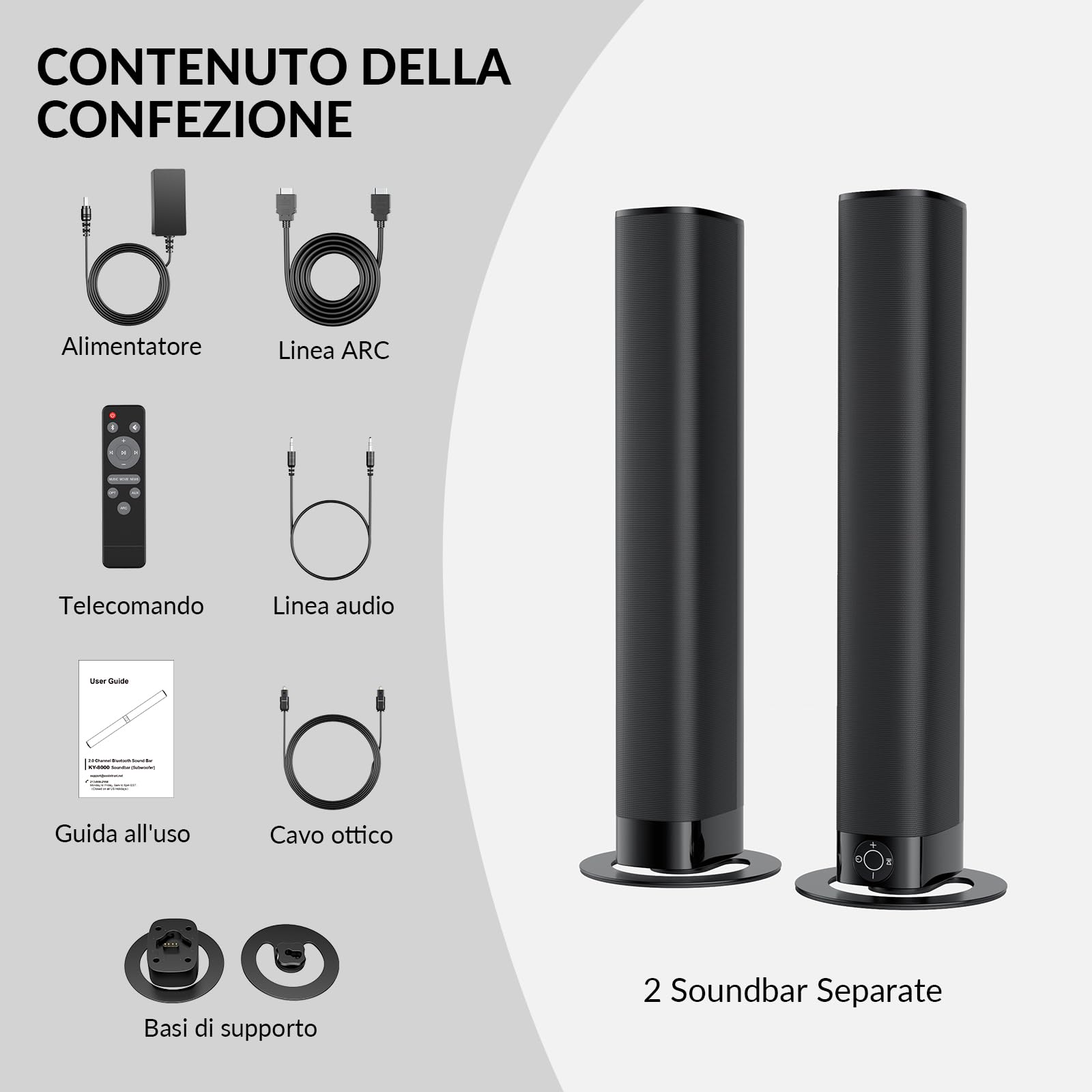 GarageRock Barra de Sonido TV, 2 en 1 Soundbar Divisible con Voice Boost, Barra de Sonido con Sonido Envolvente para Home Cinema, Bluetooth 5.3, 3 Modos de Ecualización, Conexión ARC/Óptico/Aux, 1pcs