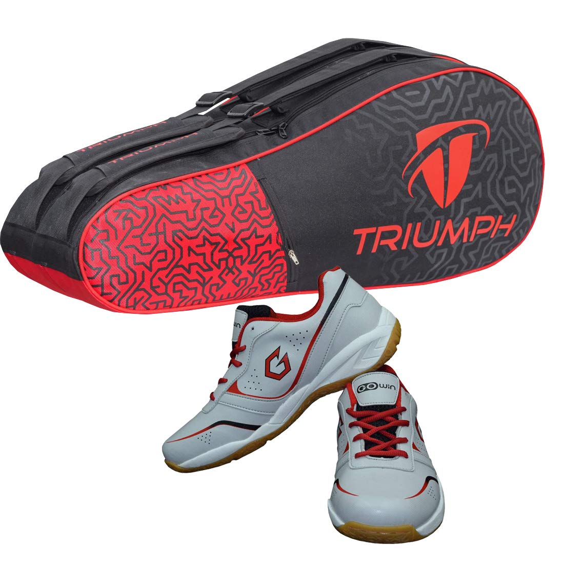 Gowin Badminton Shoe Smash Grey Size-12 Kids with Triumph Badminton Bag 303 Black/Red-image-7
