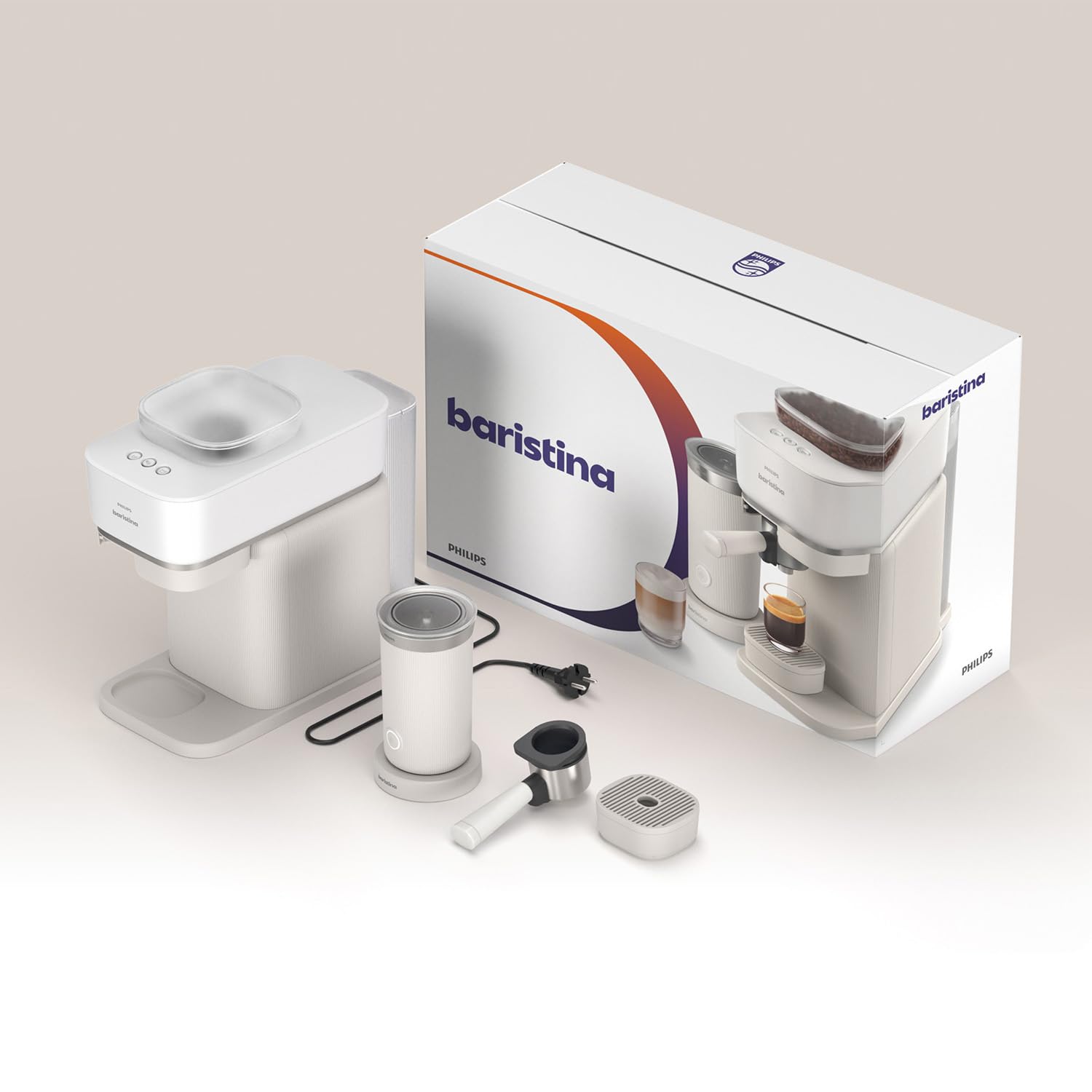 Philips Baristina Machine à expresso - Mousseur à lait inclus - Un véritable expresso, en toute simplicité - 16 bars de pression - Broyeur intégré - Machine blanche avec porte-filtre blanc (BAR303/00)
