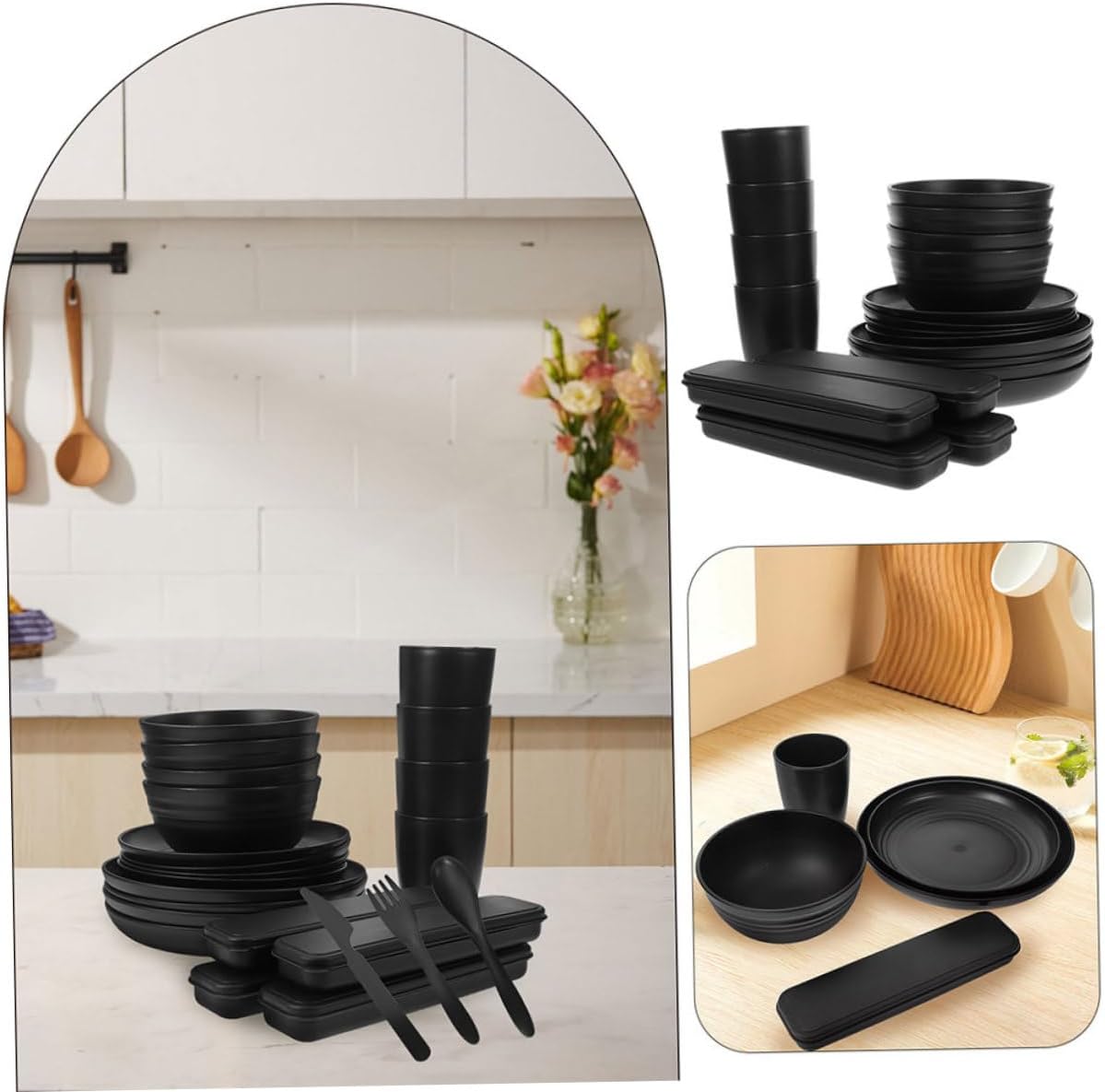 4sets Camping Cutlery Utensils Dinnerware Forks Spoons Plates Bowls for Outdoor Picnics and Travel