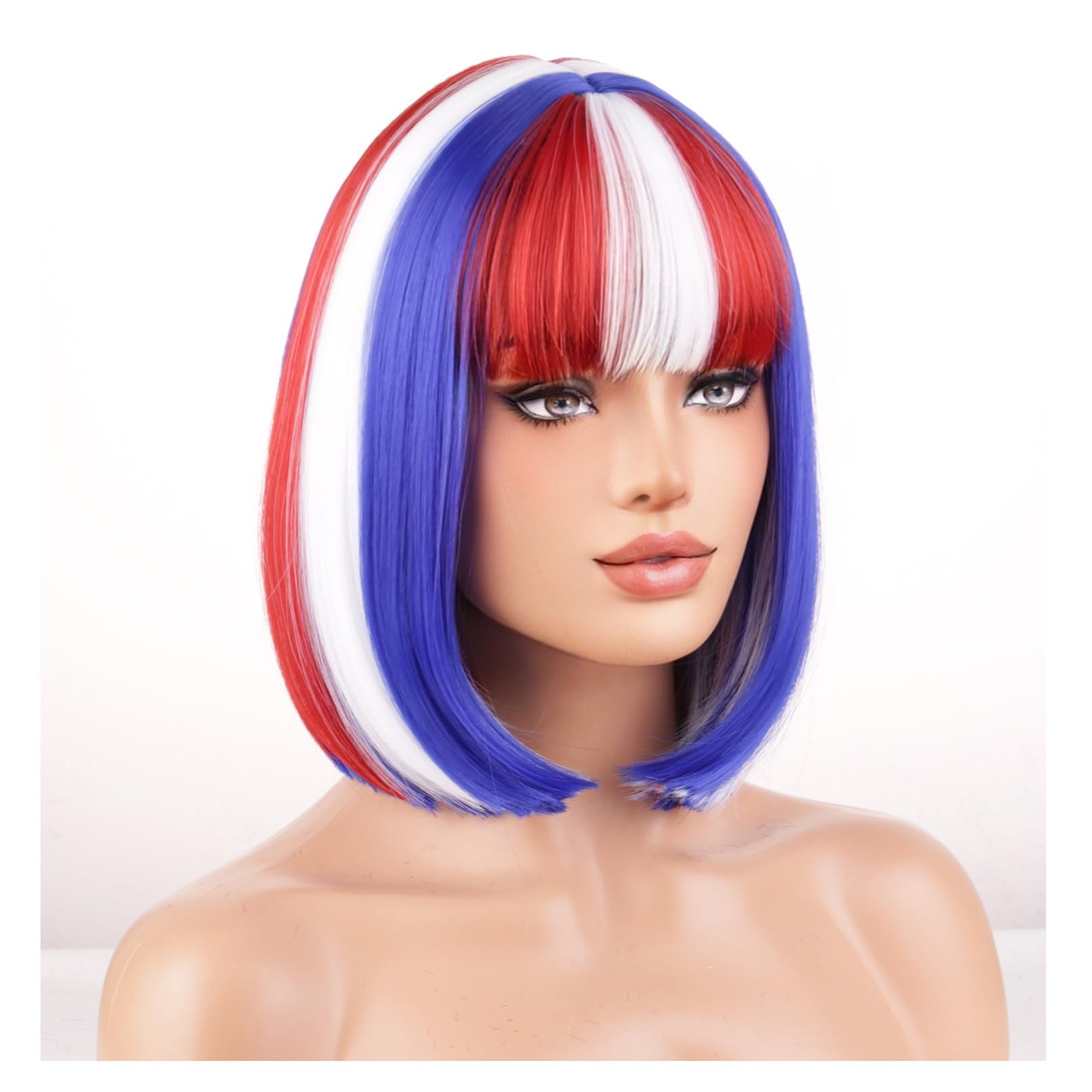 BERON Red White Blue Bob Wigs Womens 4th of July Short Straight Hair Wig with Bangs Girls Flag Wig Synthetic Cosplay Party Wigs