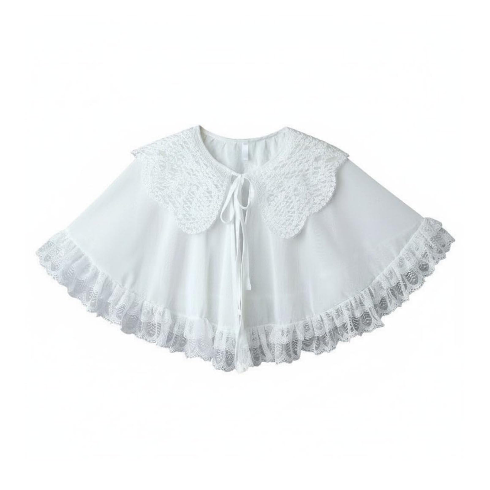 styleheaven Ruffle Trim Shawl Lightweight Transparent Summer Poncho White Lace Capelet Ruffled Hem Lace Collar Cloak Tie Front Closure, White|Clothing, Shoes & Accessories | Wedding & Formal Occasion-picture-14