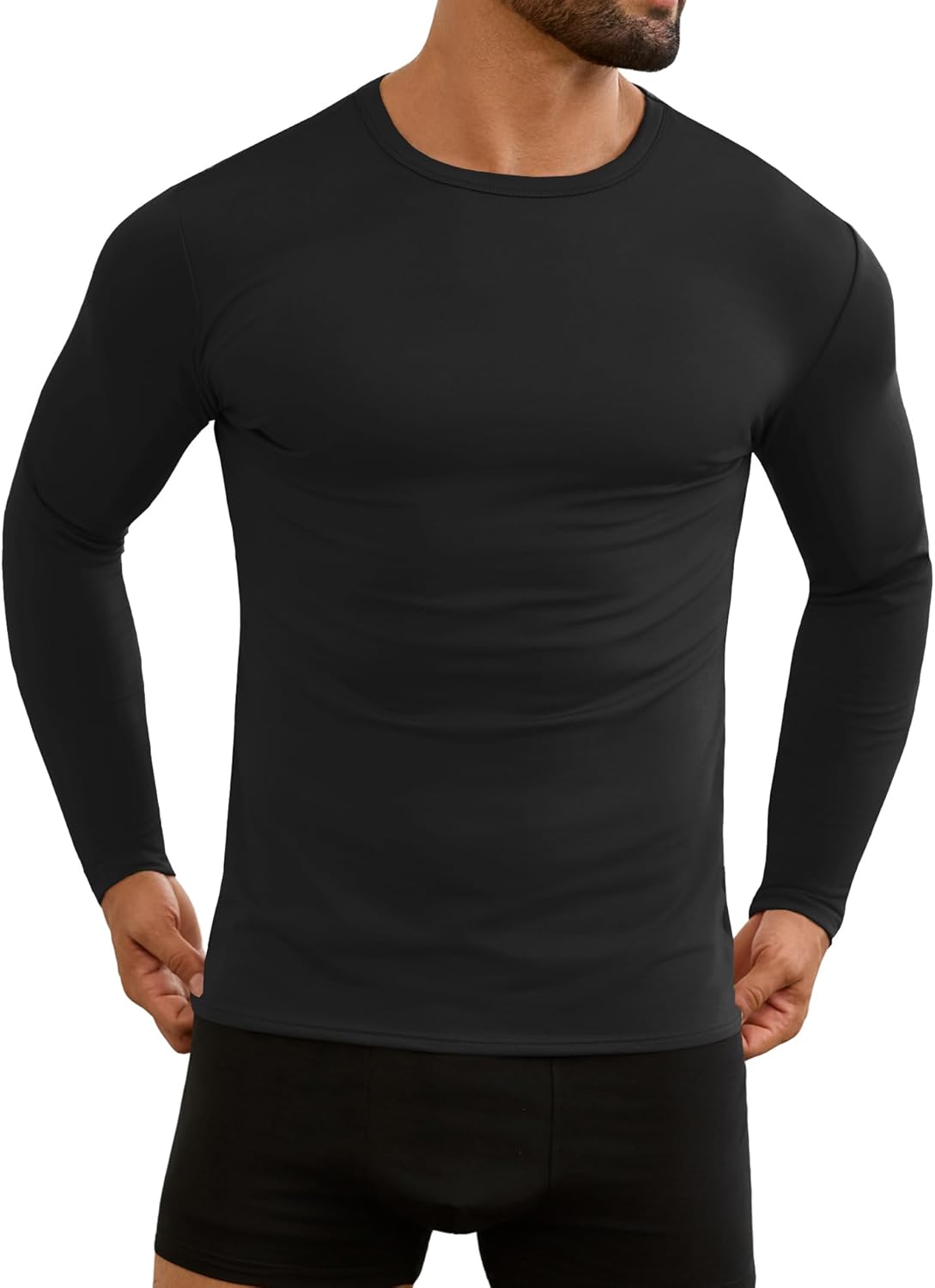 URRU Men's Thermal Long Sleeve Shirts Fleece Lined High Stretch Thermal Underwear Tops Base Layer for Men Cold Weather Gear