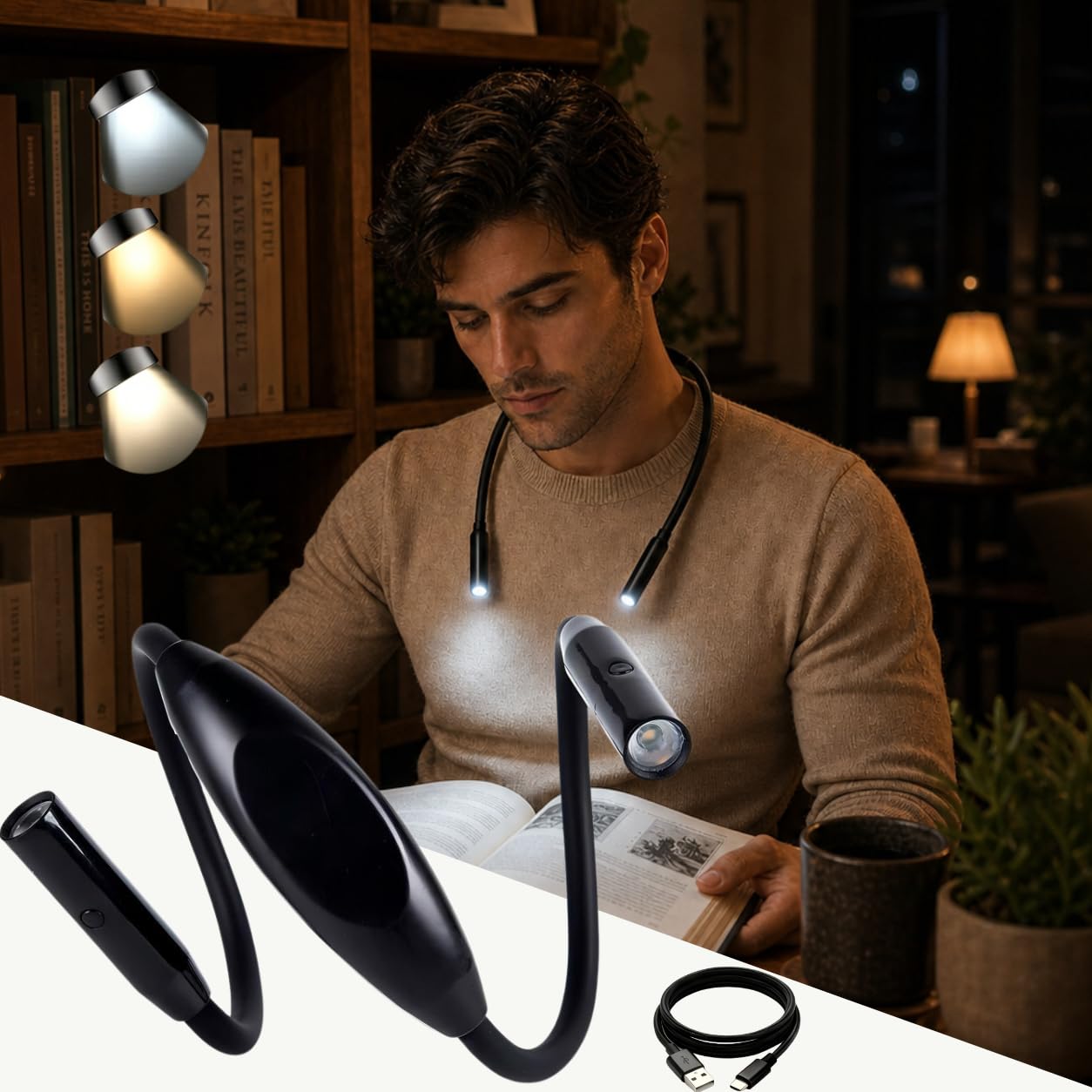 Yeelight Book Light for Reading at Night, 3-Color & 4-Brightness Reading Light, Rechargeable 1000mAh USB-C Neck Light, Ultra-Lightweight 110g Hands Free for Bed, Knitting, Repairing