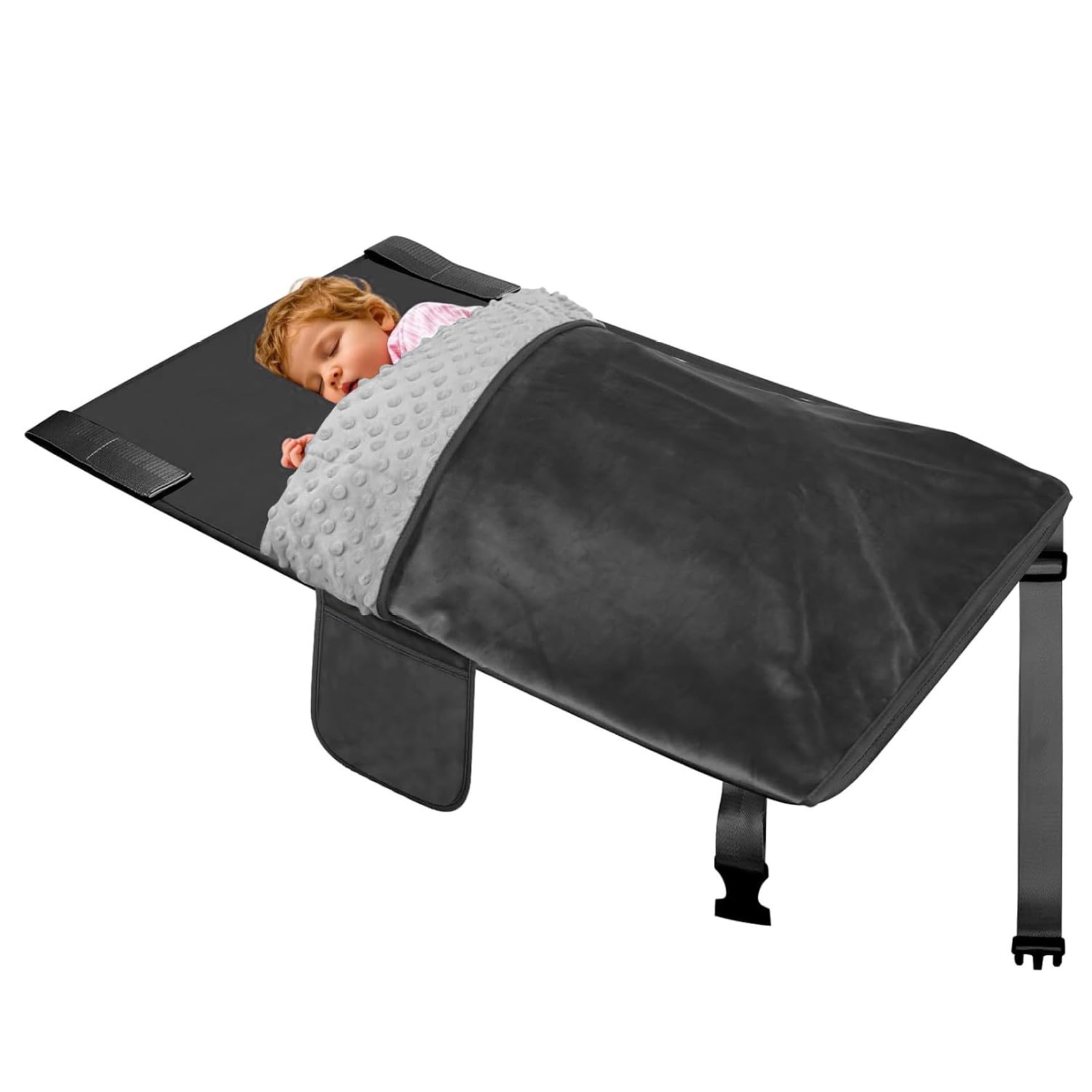 Flugzeugbett, Kleinkind-Flugzeugbett, Sitzverlängerung für Kinder mit Decke – tragbares Reiseschlafsofa mit Plüschflanell und Aufbewahrungstasche, Schwarz, 31, 5 x 18 Zoll