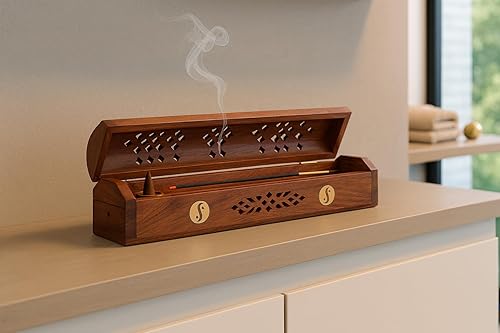 Miniatura 3 de Caja de incienso de madera, soporte Agarbati para quemador de incienso tallado a mano, soporte para incienso, incrustaciones de latón y soporte de