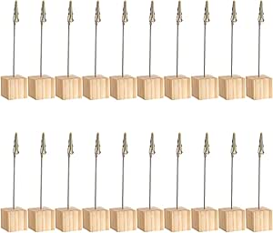 20Pcs Wooden Memo Clips Holder, BetterJonny Wooden Base Memo Photo Clips Lightweight Wood Cube Base with Metal Alligator Clip for Displaying Number Cards Postcard