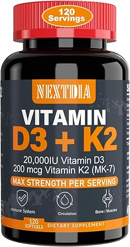 Vitamina D3 20,000 UI + Vitamina K2 (MK7) 200mcg  Vitamina D3 óptima y K2 Softgel  Huesos y músculos fuertes, absorción de calcio y apoyo