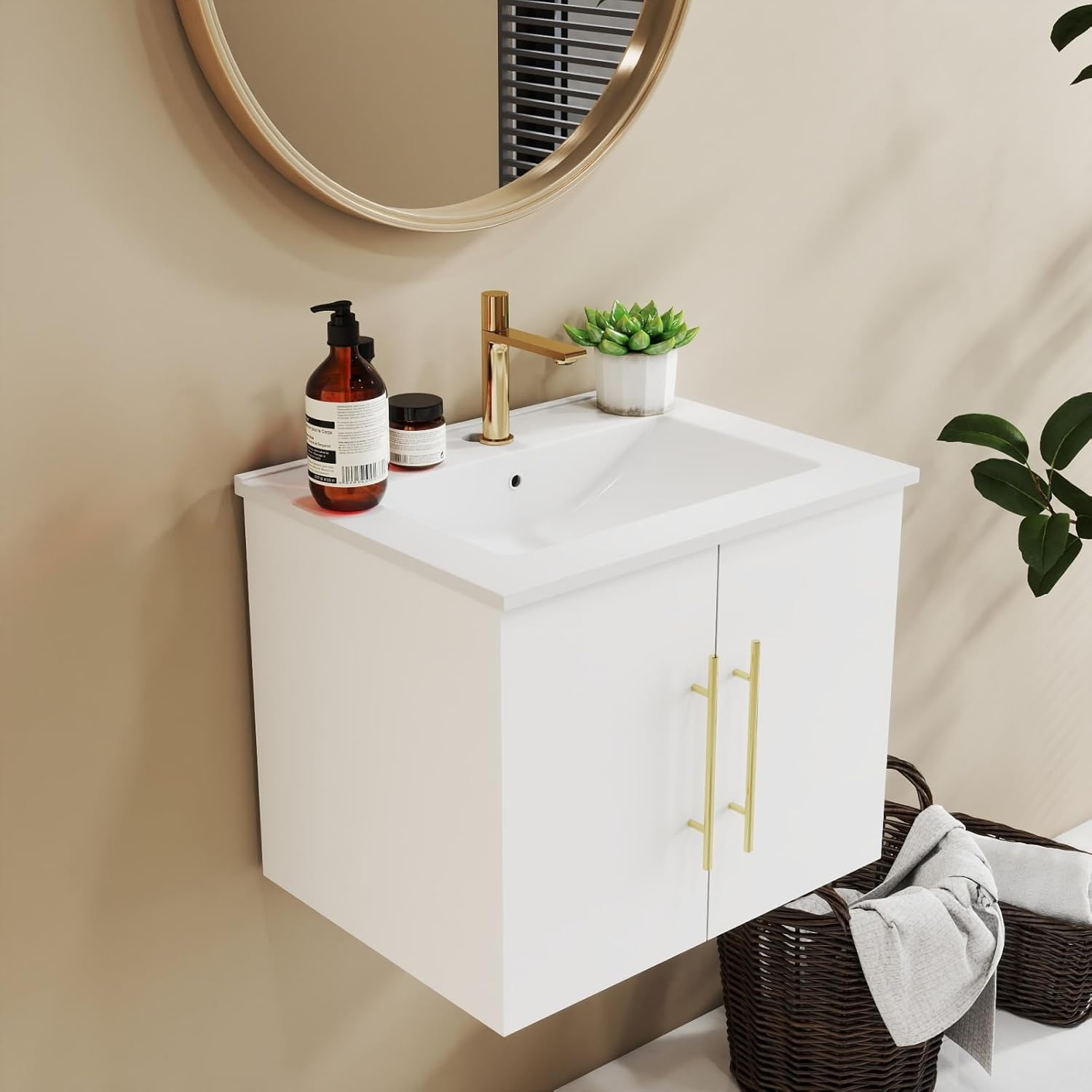 24-Inch Wall-Mounted Bathroom Vanity with Sink Combo,Double Doors,Soft Close Hinges, Ceramic Basin,Easy Assemble,Gold Metal Long Handle,Storage Space,Glossy White