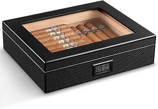Cigar Humidor, Glass Top Cigar Box with Hygrometer Humidifier and Divider, Luxury Desktop Cedar Wood Storage Case Holds 30-50 Cigars, Cigar Accessories