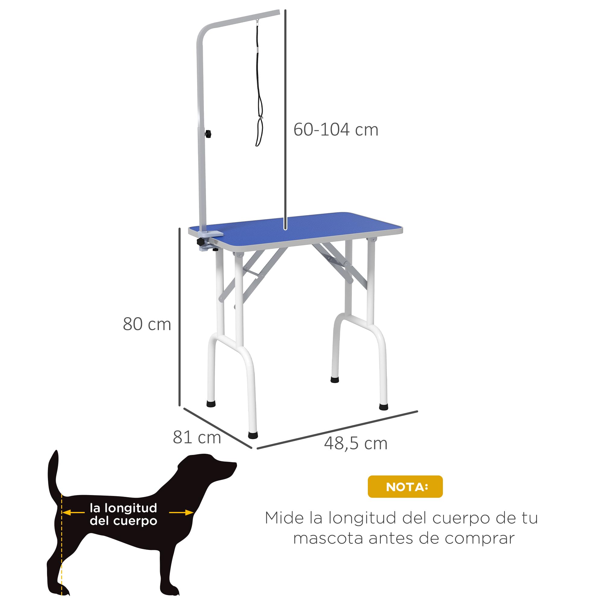 PawHut Mesa de Peluquería Canina Plegable, Mesa de Aseo con Encimera Antideslizante, Brazo de Acero Inoxidable Ajustable, para Perros, Gatos, 81x48,5x80 cm, Azul