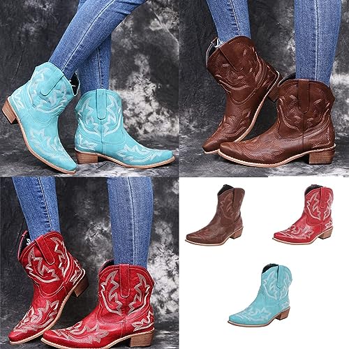 SACFOF Cowboy Boots for Women Booties Ankle Cowgirl Western Boots Stitched Embroidered Pointed Toe Chunky Short Ankle Boots4