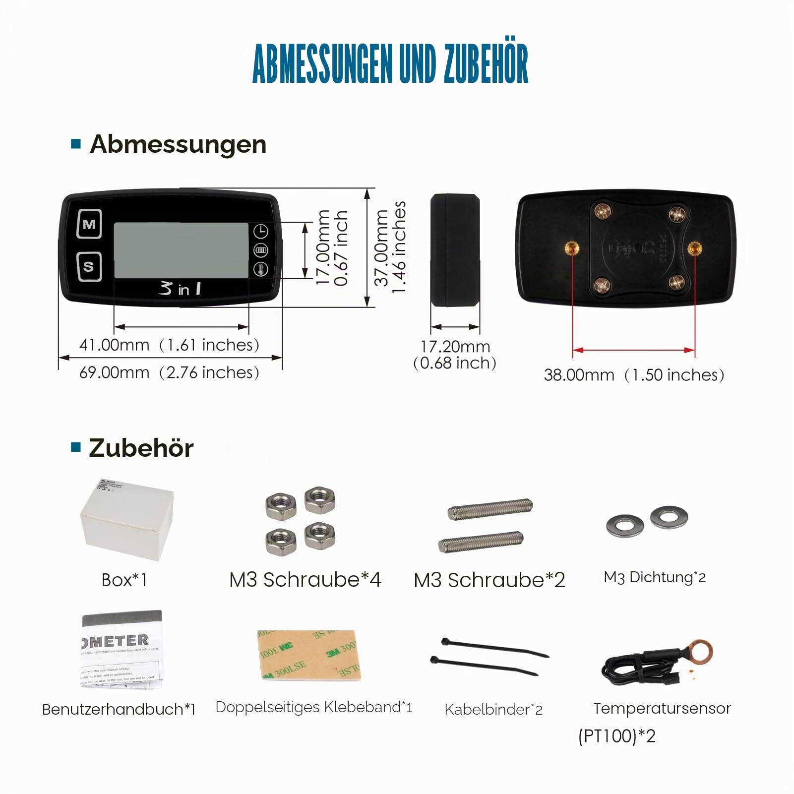 Runleader Digital LCD Motortemperaturanzeige Voltmeter, programmierbare Warnmeldung, Uhranzeige, Auswahl des Hintergrundbeleuchtungsmodus für Generator Motorrad Dirtbike ATV Außenborder Motor