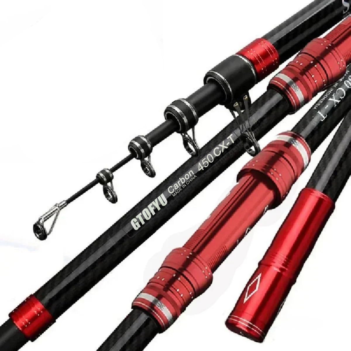 Telescopic Fishing Rod, Carbon Fiber Travel Surf Rod, Spinning Power Lure 2-9Oz, 20-50LB,Medium-Heavy Throwing Surfcasting Baitcasting Pole,Red