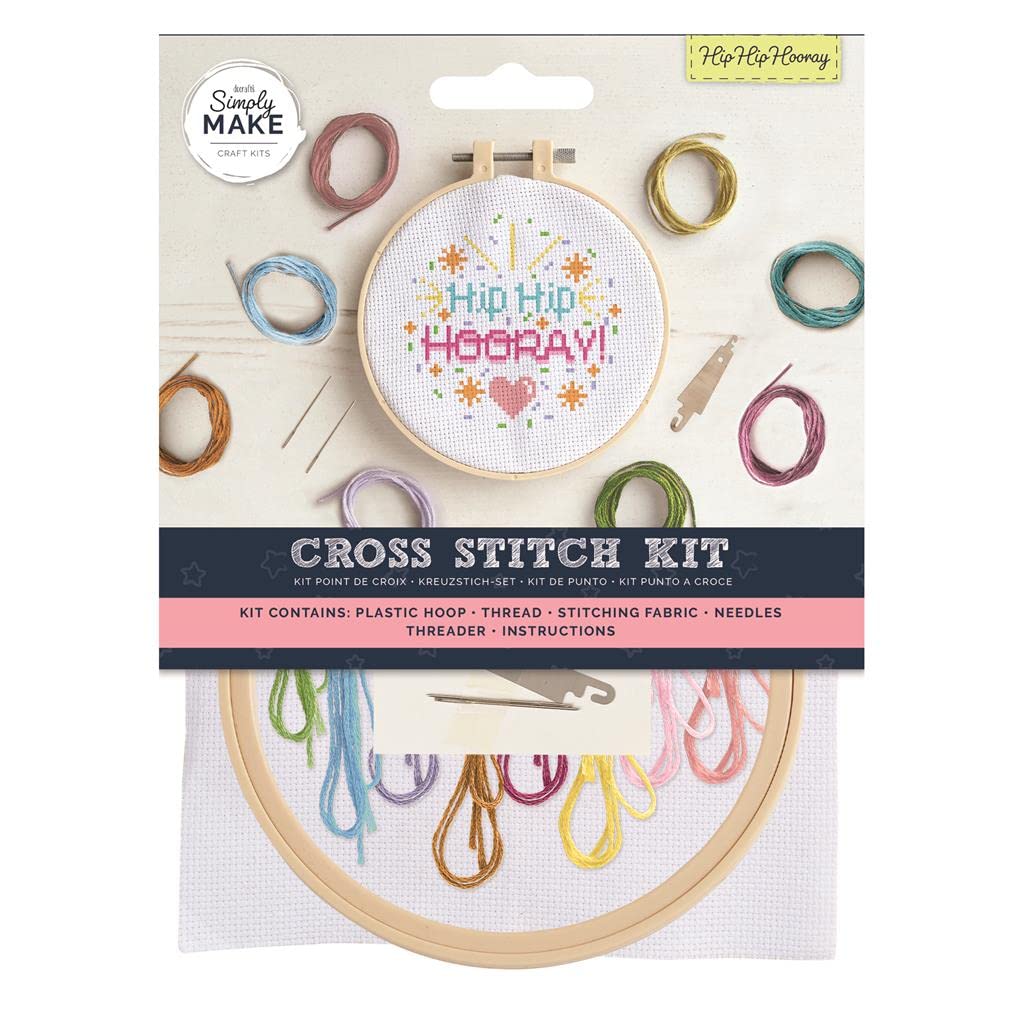 Simply Make Cross Stitch Kit - Hip Hip Hooray Design for Kids and Adults, Including Hoop, Embroidery Thread, Fabric and Needle - Perfect for Adult Crafts and Beginners - Starter Cross Stitch Craft Kit — image 1