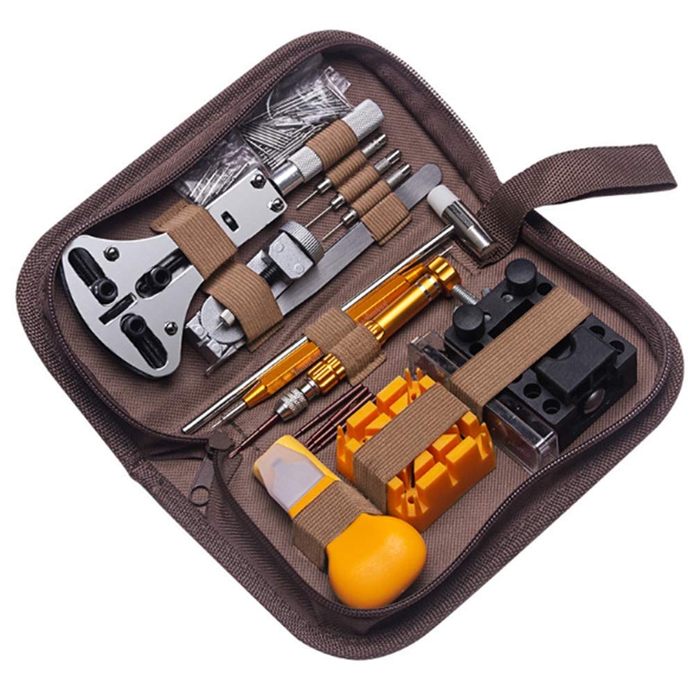Uhrenreparaturset, Werkzeugset zur Reparatur von Uhrenarmbändern, inklusive Tragetasche, Gliederentferner, Federstegwerkzeug, Stift, Halter, Hammer, Pinzette, Tuch f