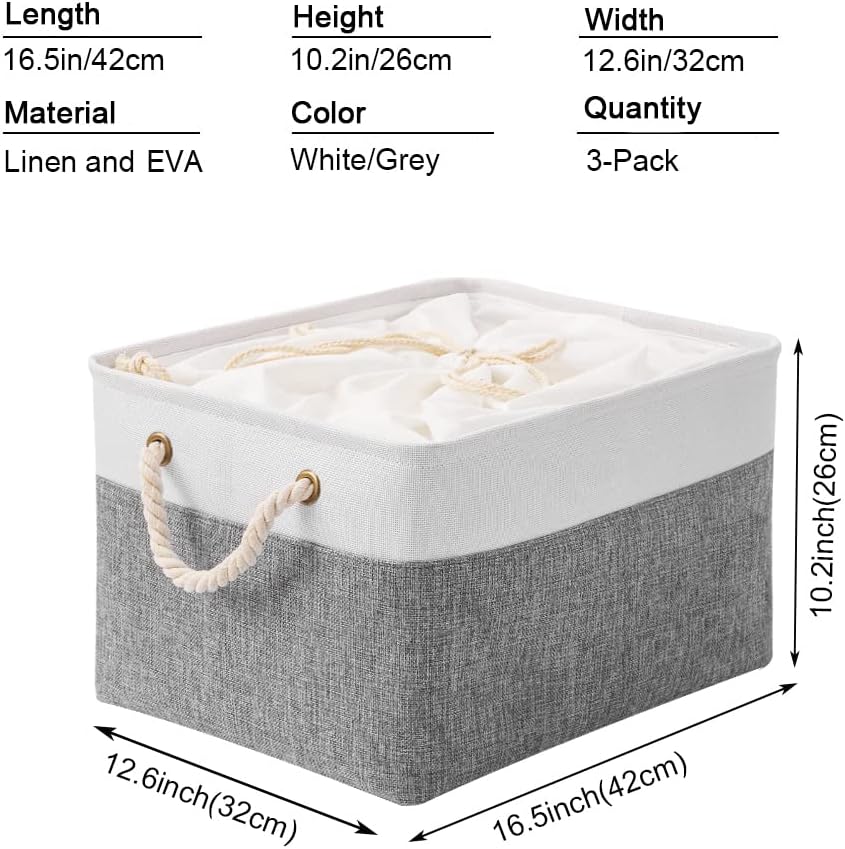 Yawinhe Foldable Storage Baskets 3 Pack, with Drawstring Cover and 2 Handles, Collapsible Storage Bins, for Toys, Shelves, Clothes, Books, 42x32x26cm, White/Grey, SNK003WGL