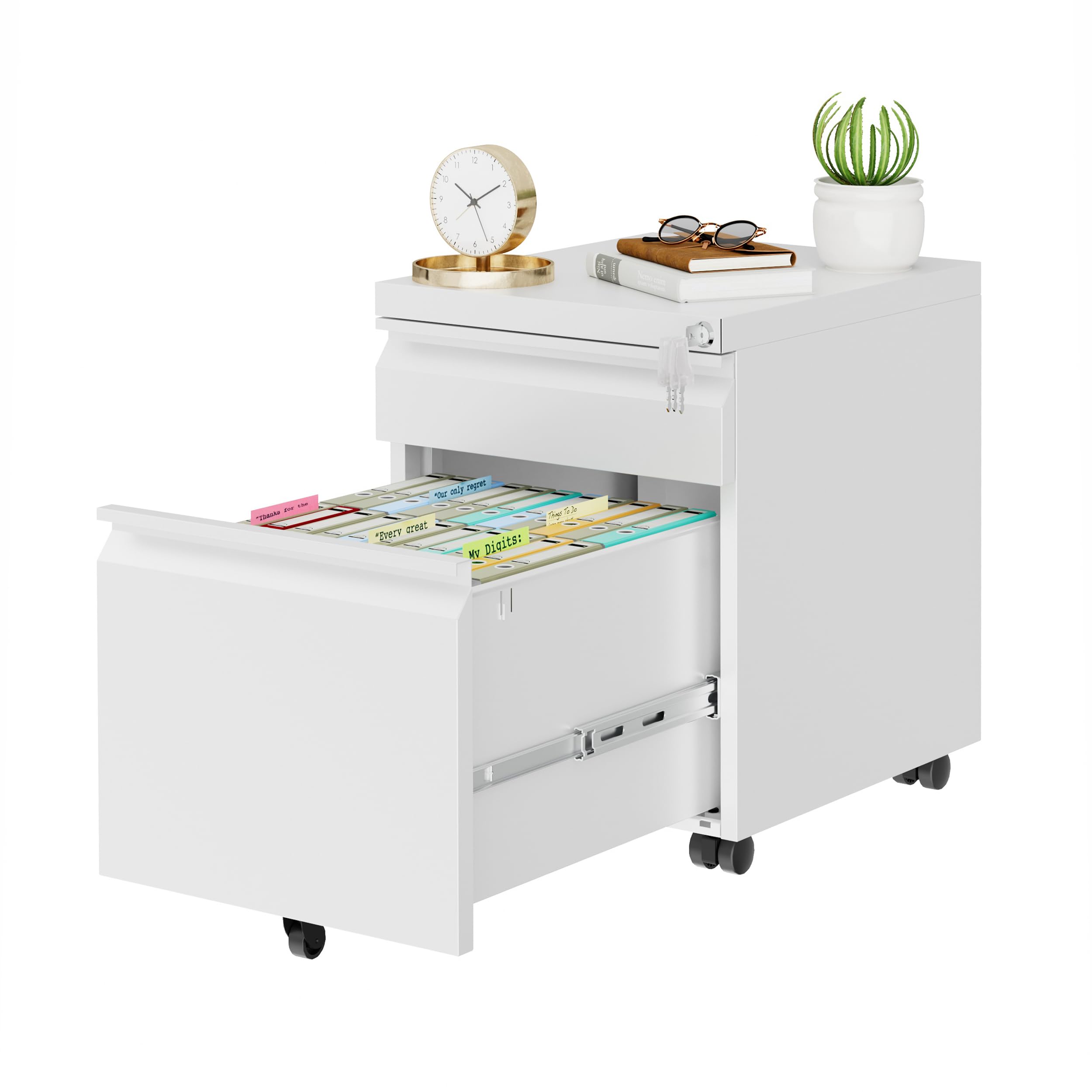 LVSTEEL 2 Drawer Metal Mobile File Cabinet White with Lock