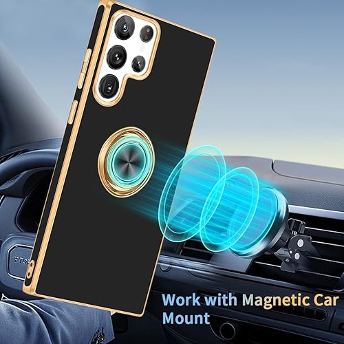 Miniatura 7 de Fingic Funda para Samsung Galaxy S22 Ultra con soporte de anillo soporte magnético de anillo giratorio de 360 borde dorado chapado brillante funda