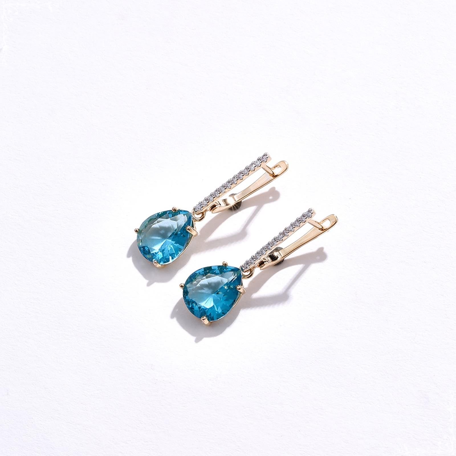 AMDXD Pendientes de aro para mujer de oro 375 de 9 quilates, pendientes de aro con topacio azul, corte de gota, creado en laboratorio, pequeños pendientes de oro amarillo de 9 quilates