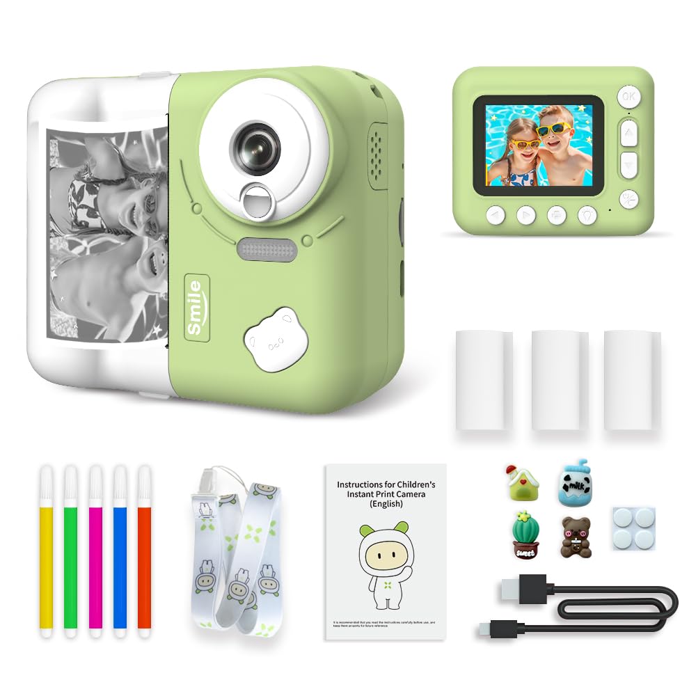 Camnoon Kids Instant Print Camera 1080P Digital Camera for Kids 2.4 Inch IPS Screen 10X Zoom with Thermal Printing Paper Color Pens Neck Strap 32GB TF Card Birthday Festival Gift for Children
