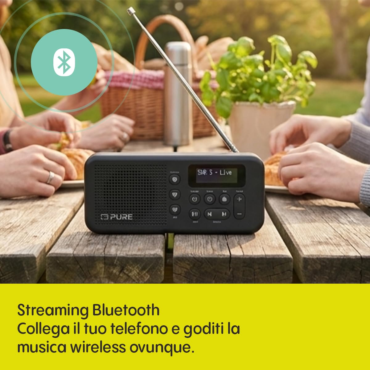 PURE Elan Move Radio Digitale Portatile DAB+ e FM con Bluetooth 5.3, Radio Compatta Tascabile con Batteria Ricaricabile fino a 16 Ore, Jack Cuffie e Display LCD – Nero