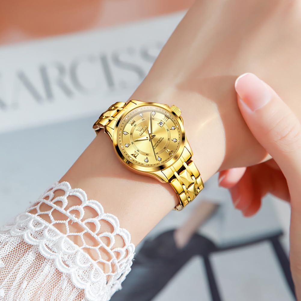 OLEVS Watch Women Gold Watches for Women Waterproof Dress Original Analog Quartz Adjustable Diamond Fashion Casual Classic Easy Read Round Stainless Steel Water Resistant Ladies Small Wrist Watch Woman Lady Female Wristwatch