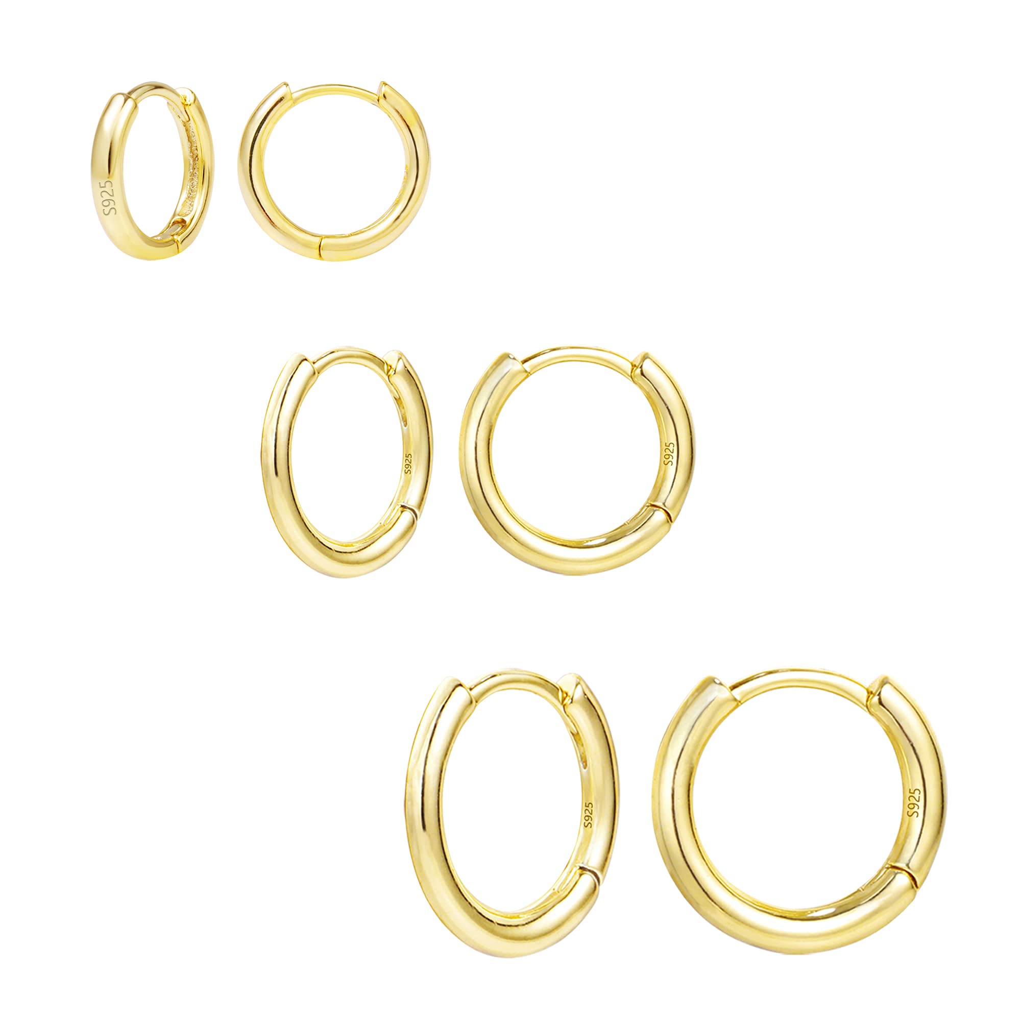 KISSPATPendientes de aro de plata 925, 3 pares de pequeños pendientes de aro de 10 mm/12 mm/15 mm, plata de ley 925, hipoalergénicos, pendientes de aro de oro para mujer y niña